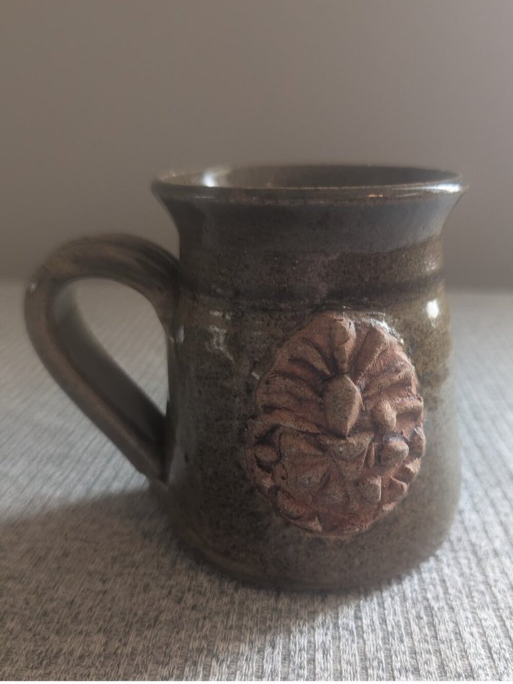 Glazed Ceramic Pottery Mug with Earth Tones and 3D Design, Signed, EUC